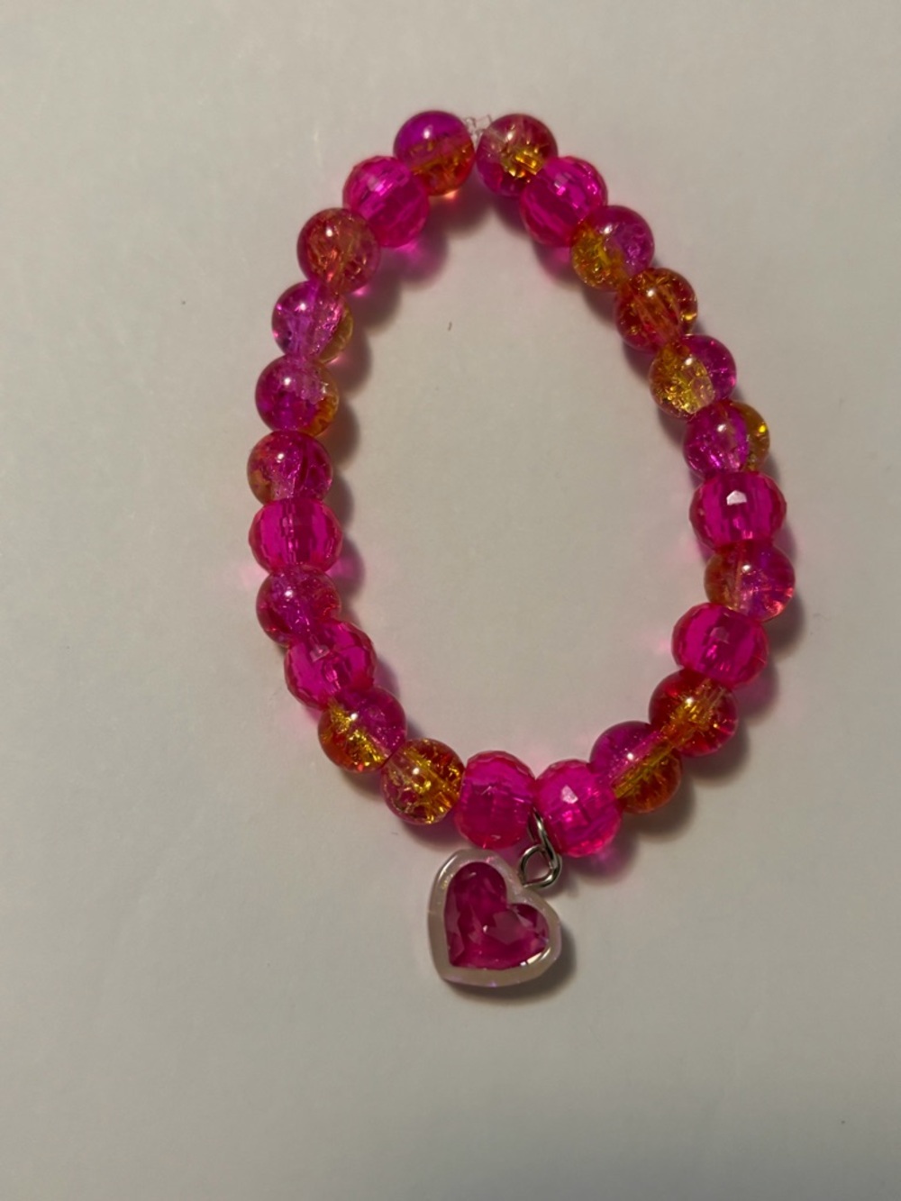 Fuchsia Pink Beaded Stretch Bracelet with Heart with hot pink charm